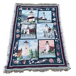 Goodwin Weavers Lighthouse Tapestry Throw Blanket Coastal Nautical 100% Cotton